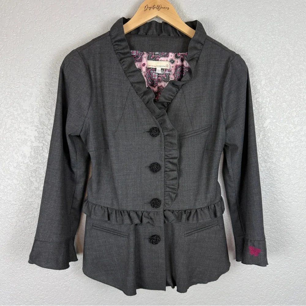 Odd Molly (Anthropologie) Ruffled Blazer M Whimsical Coquette Feminine Lace Gray
